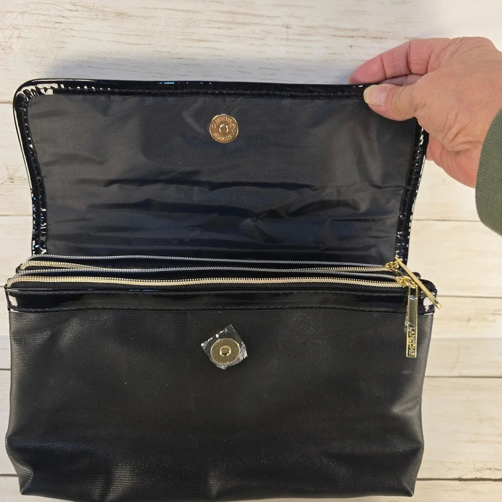 Lancome Paris Black Cosmetic Bag Travel Makeup Organizer Patent Trim‎ Gold Tone